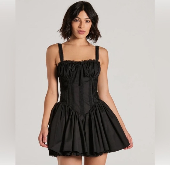 NWT white mini coquette corset lace up lace puff waist brassiere top w bow dress - Picture 8 of 8